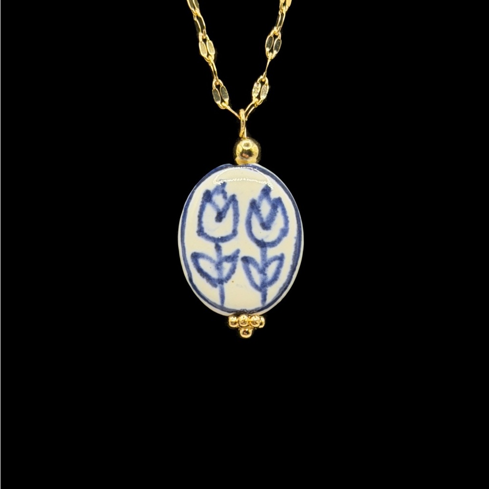 Blue and White Floral Ceramic Pendant on Stainless Steel Necklace - Picture 8 of 13